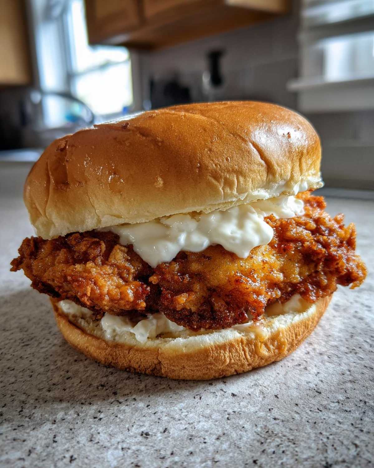 A close-up of a delicious Crispy Chicken Burger with Garlic Mayo on a toasted bun.