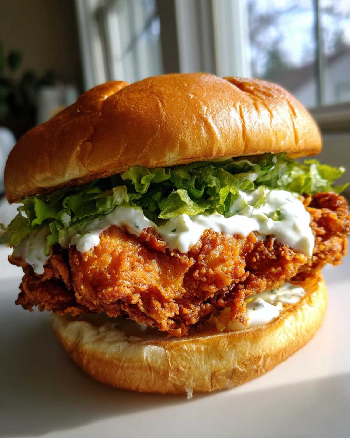 Close-up of a delicious Crispy Chicken Burger with Garlic Mayo, featuring a golden fried patty, lettuce, and creamy sauce on a brioche bun.