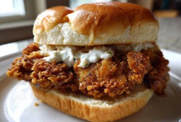 Close-up of a Crispy Chicken Burger with Garlic Mayo piled high on a soft bun, showing the crunchy texture.