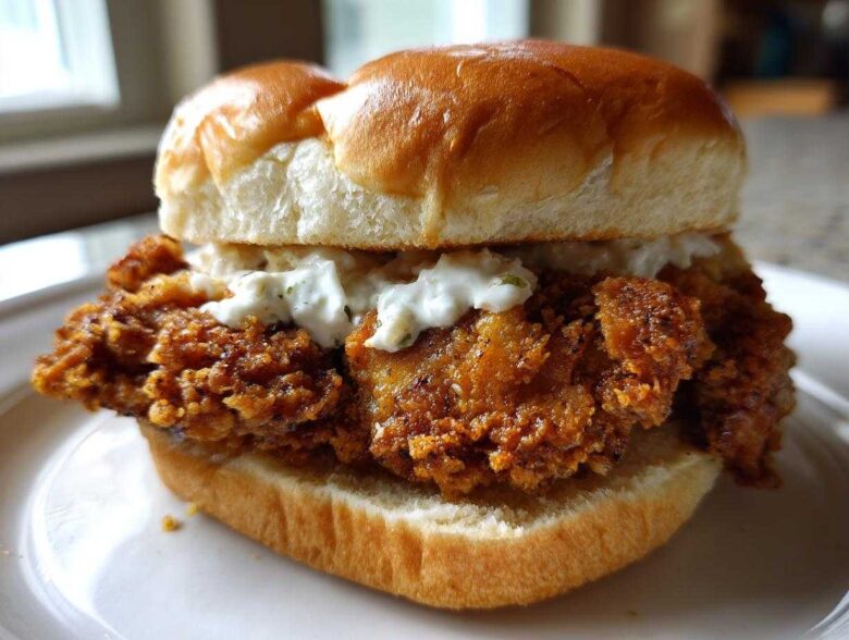 Close-up of a Crispy Chicken Burger with Garlic Mayo piled high on a soft bun, showing the crunchy texture.