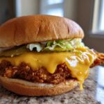 A close-up of a Crispy Chicken Burger with Melty Cheese, featuring a thick fried patty dripping with cheese, pickles, and lettuce on a brioche bun.