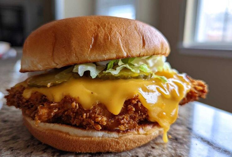 A close-up of a Crispy Chicken Burger with Melty Cheese, featuring a thick fried patty dripping with cheese, pickles, and lettuce on a brioche bun.