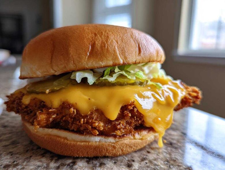A close-up of a Crispy Chicken Burger with Melty Cheese, featuring a thick fried patty dripping with cheese, pickles, and lettuce on a brioche bun.
