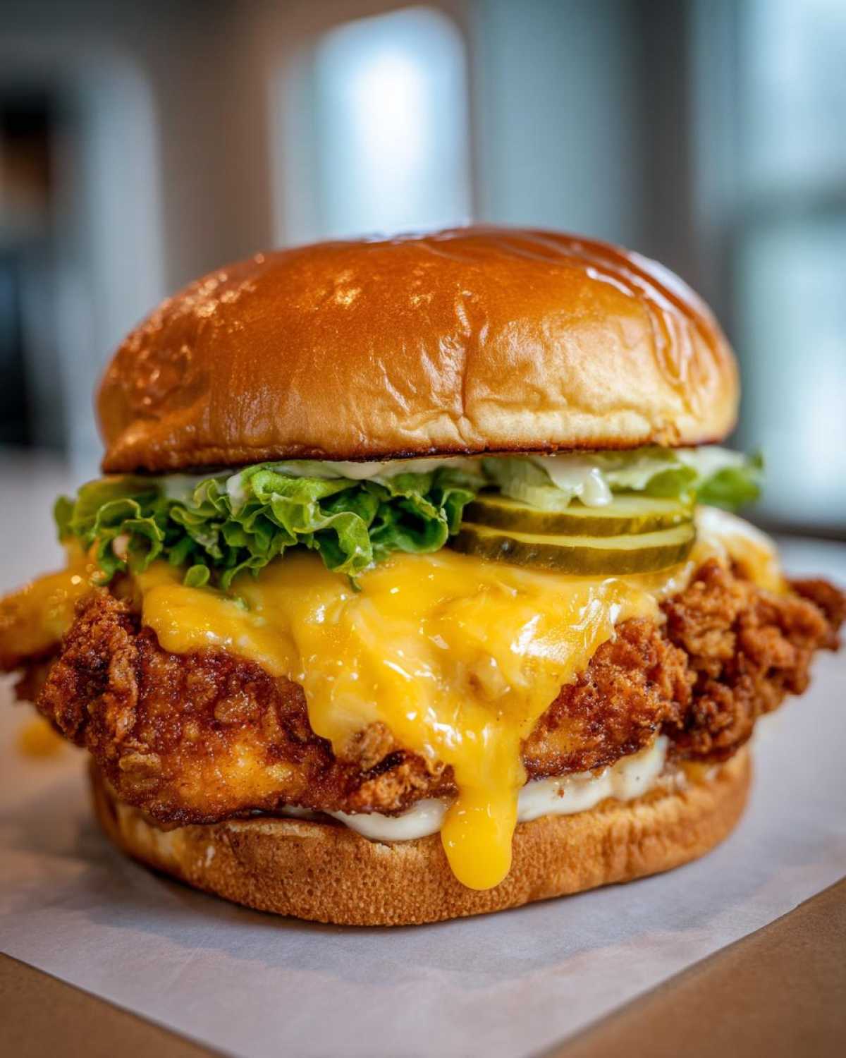 A close-up, appetizing shot of a Crispy Chicken Burger with melty cheddar cheese dripping over the fried chicken patty.