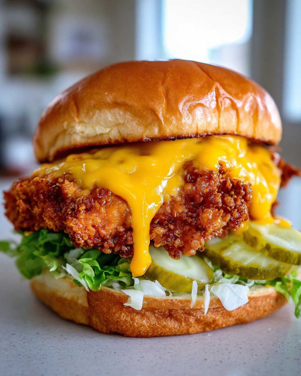 A close-up of a Crispy Chicken Burger with melty cheese dripping over the crunchy fried chicken patty, lettuce, and pickles.