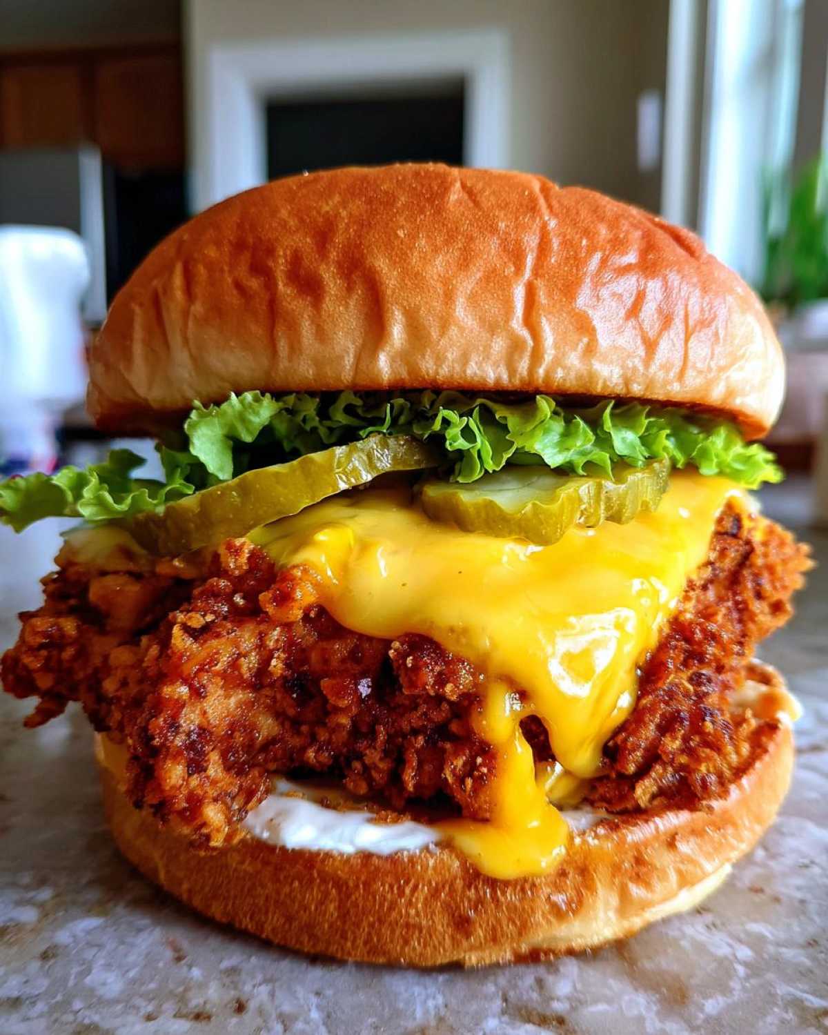 A towering Crispy Chicken Burger with Melty Cheese, featuring a thick fried patty, dripping cheese, pickles, and lettuce on a brioche bun.