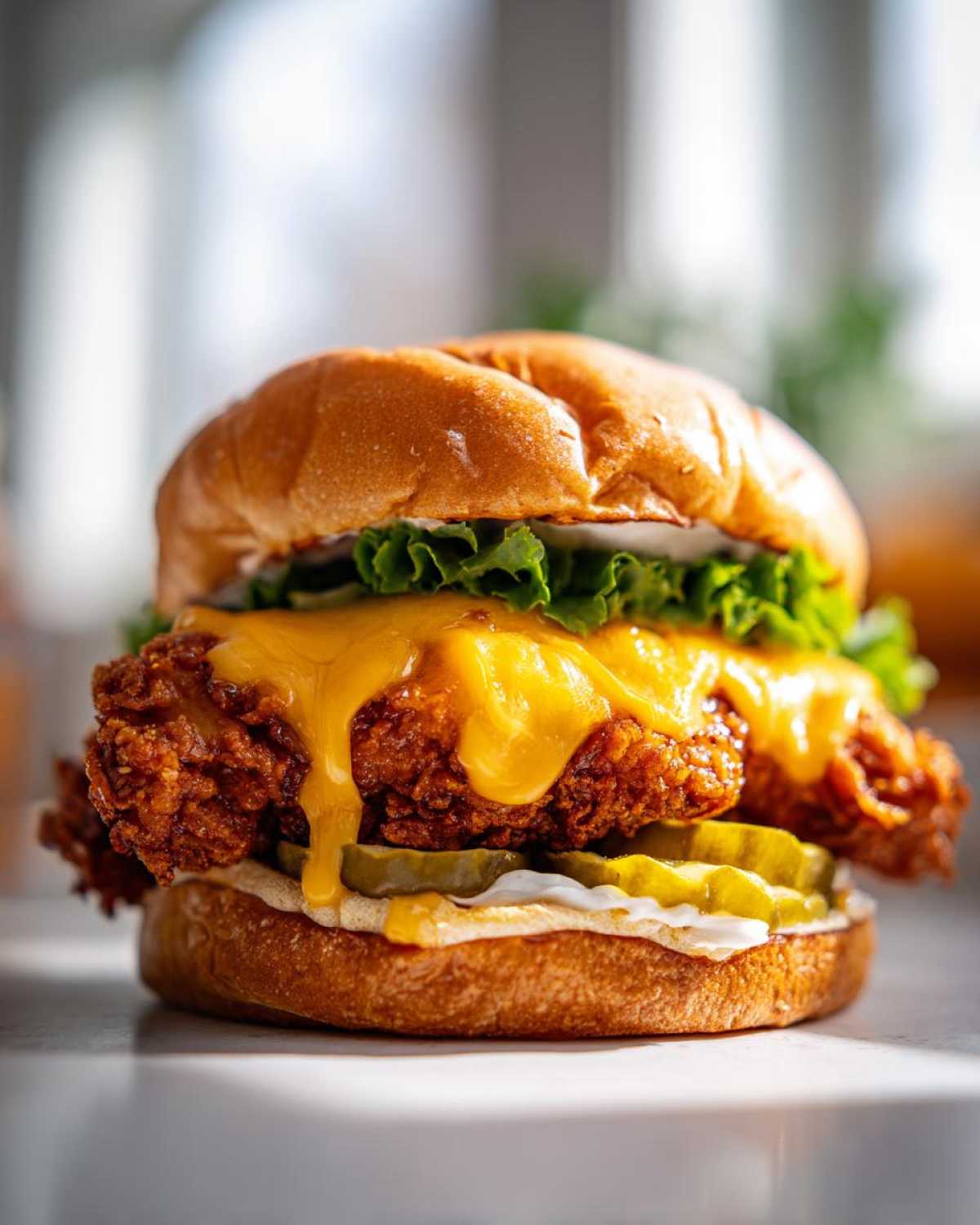 A close-up, appetizing shot of a Crispy Chicken Burger with melty cheese dripping over the fried chicken patty and pickles.