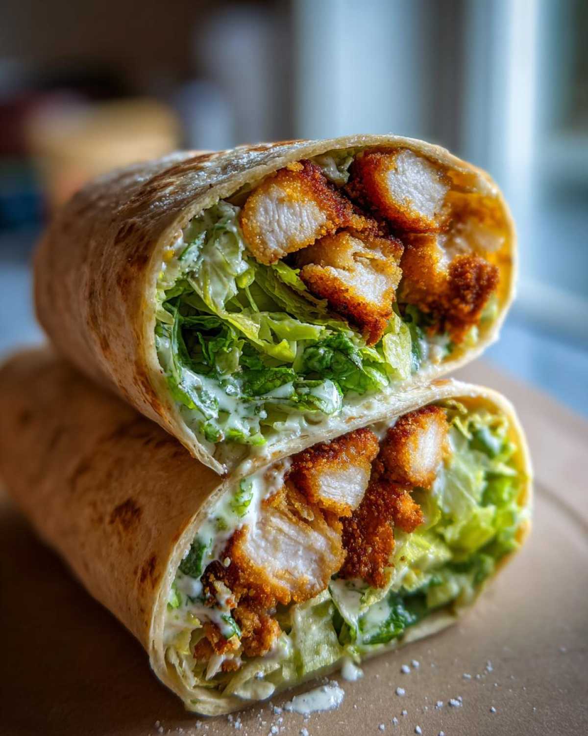 A close-up of a Crispy Chicken Caesar Wrap with Parmesan cut in half, showing crispy chicken, romaine lettuce, and creamy dressing.