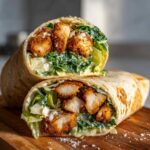 A Crispy Chicken Caesar Wrap with Parmesan cut in half, showing crispy chicken, romaine lettuce, and creamy dressing.