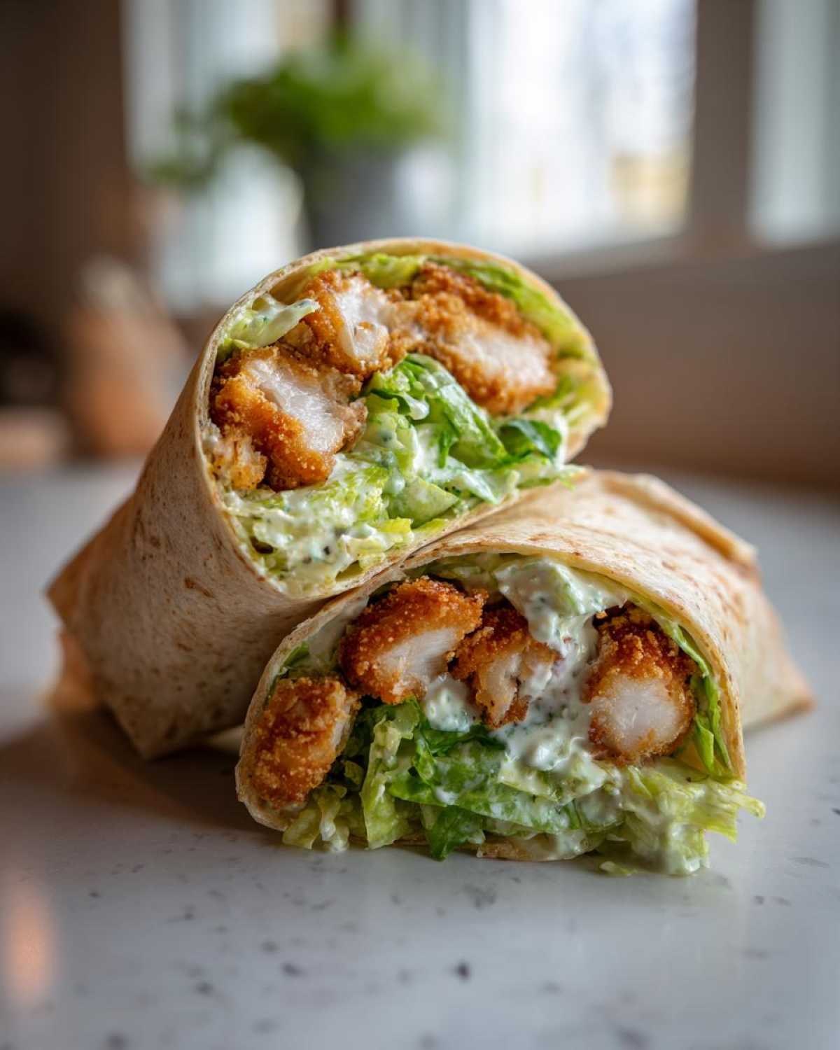 A Crispy Chicken Caesar Wrap with Parmesan cut in half, showing crispy chicken, romaine lettuce, and creamy dressing.