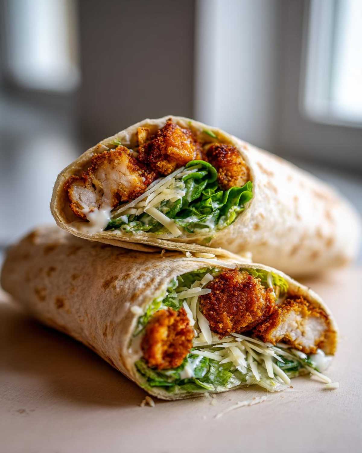 Two halves of a Crispy Chicken Caesar Wrap with Parmesan, showing crispy chicken, lettuce, cheese shreds, and dressing inside a tortilla.