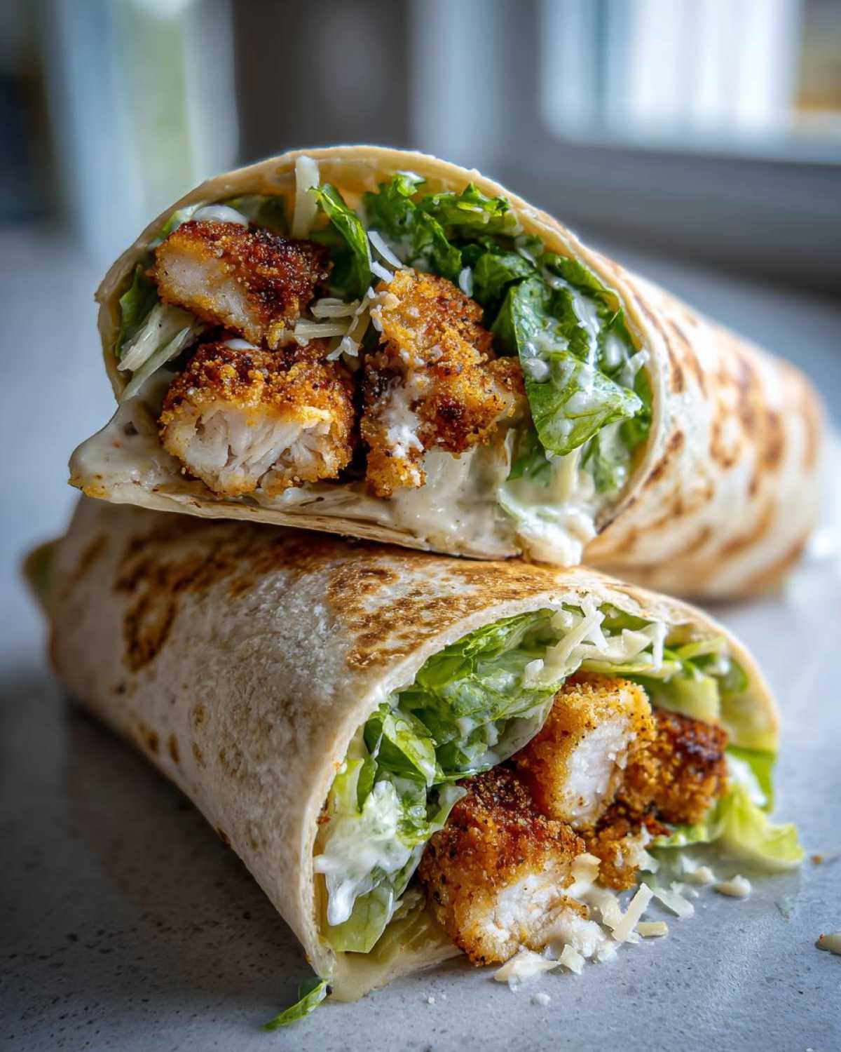 Two halves of a Crispy Chicken Caesar Wrap with Parmesan stacked, showing crispy chicken, romaine lettuce, and creamy dressing.