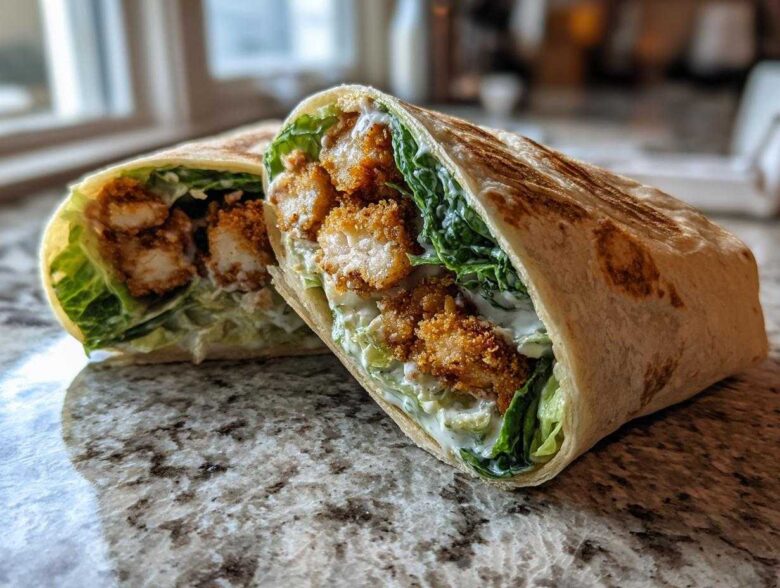 Two halves of a Crispy Chicken Caesar Wrap with Parmesan showing crispy chicken, romaine lettuce, and creamy dressing inside a toasted tortilla.