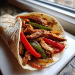 Close-up of a soft tortilla filled with seasoned, crispy chicken fajitas and sautéed red and green peppers.