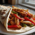 A close-up of a soft tortilla filled with seasoned chicken strips and colorful sautéed peppers, showcasing Crispy Chicken Fajitas.