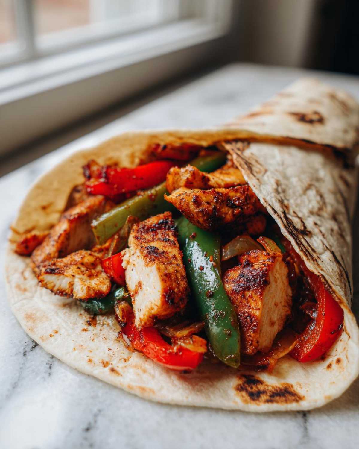 A single, tightly wrapped tortilla filled with seasoned, crispy chicken pieces and colorful sautéed peppers, showcasing Crispy Chicken Fajitas.
