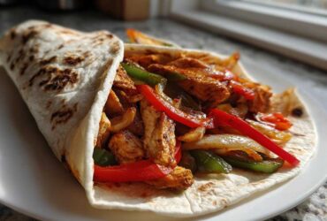 A close-up of a soft tortilla filled with seasoned chicken strips and colorful sautéed peppers, showcasing Crispy Chicken Fajitas.
