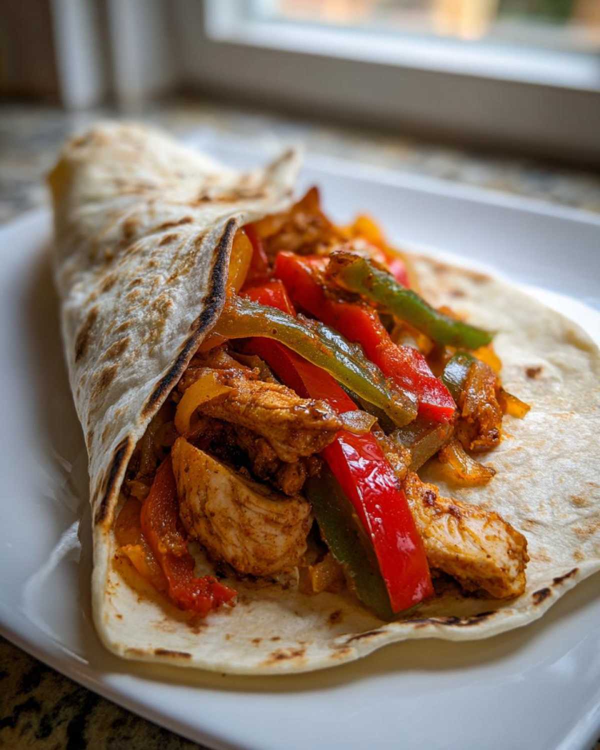 Close-up of a soft tortilla filled with seasoned chicken strips and sautéed peppers, showing off the Crispy Chicken Fajitas filling.