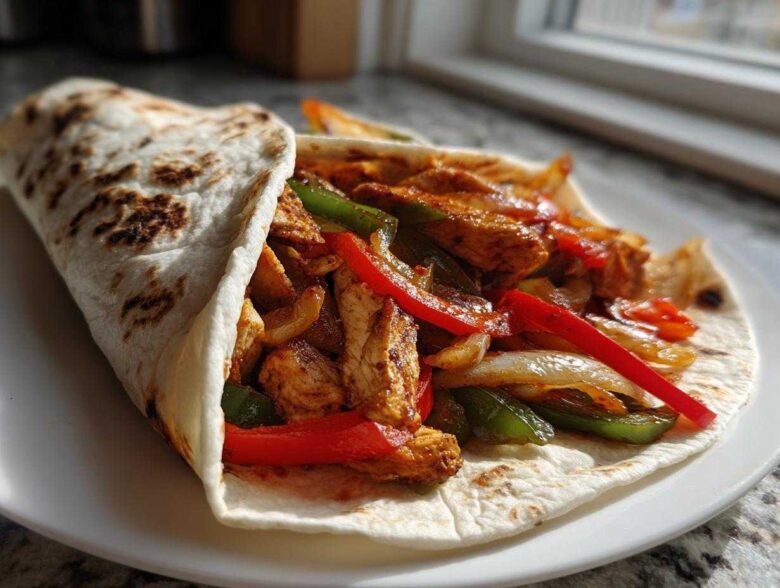 A close-up of a soft tortilla filled with seasoned chicken strips and colorful sautéed peppers, showcasing Crispy Chicken Fajitas.
