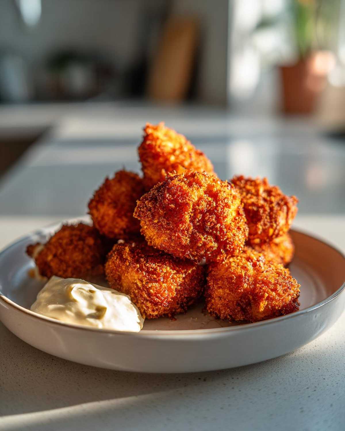 A pile of golden brown Crispy Chicken Fritters served with a dollop of creamy garlic yogurt sauce.