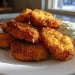 A pile of golden brown Crispy Chicken Fritters served on a white plate next to a small bowl of garlic yogurt sauce.