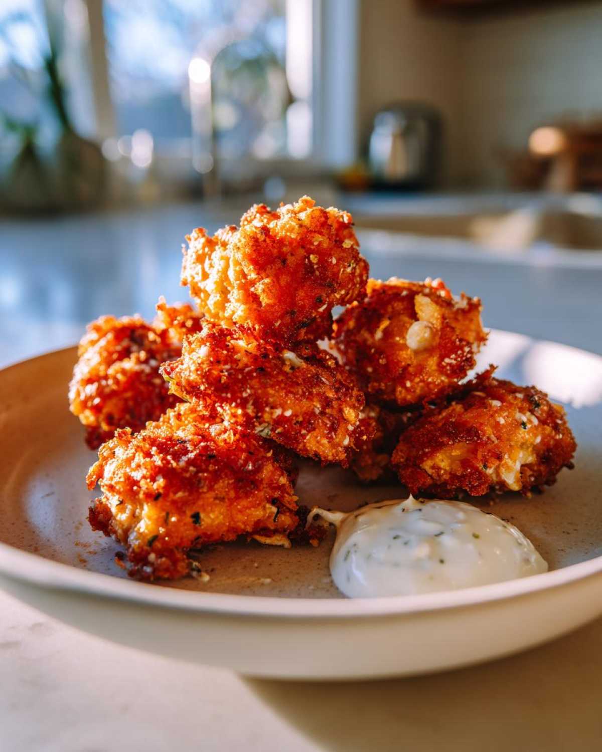 A stack of golden brown Crispy Chicken Fritters served with a dollop of creamy Garlic Yogurt Sauce on a light plate.