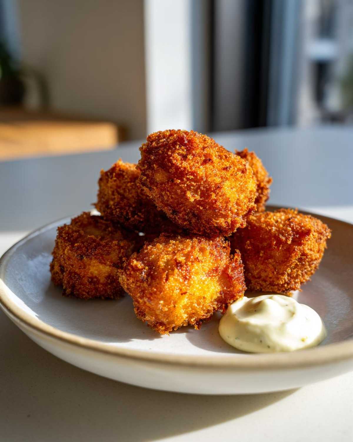 A stack of golden brown, crispy chicken fritters served on a light plate next to a dollop of creamy garlic yogurt sauce.
