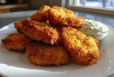 A pile of golden brown Crispy Chicken Fritters served on a white plate next to a small bowl of garlic yogurt sauce.