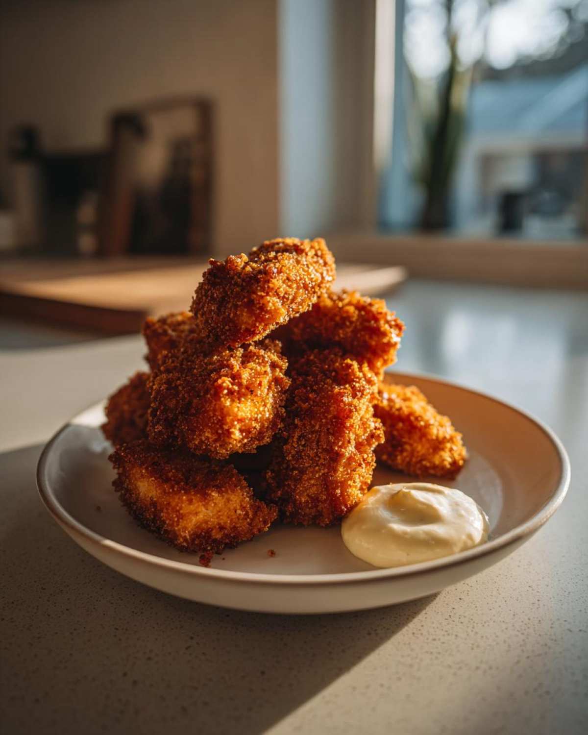 A stack of golden brown Crispy Chicken Fritters served on a white plate with a dollop of garlic yogurt sauce.