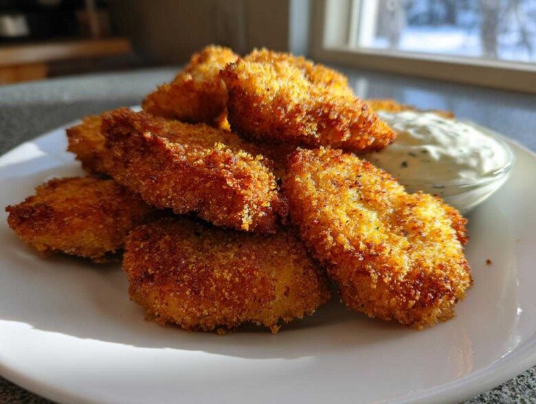 A pile of golden brown Crispy Chicken Fritters served on a white plate next to a small bowl of garlic yogurt sauce.