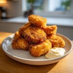 A stack of golden brown, crispy chicken fritters served on a light plate with a dollop of garlic yogurt sauce.