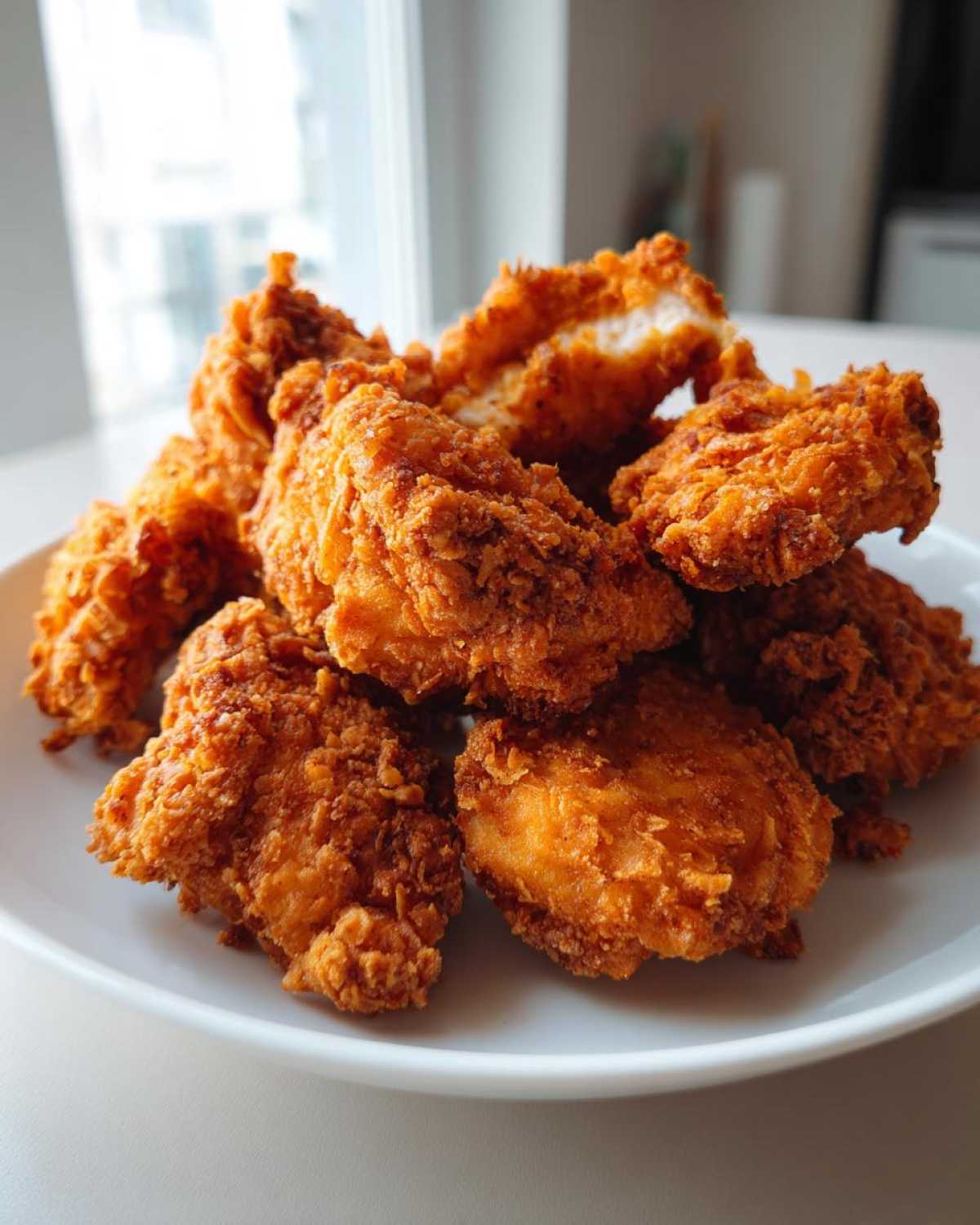 A pile of golden brown, extra crunchy homemade Crispy Chicken Nuggets on a white plate.