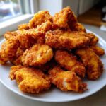 A large pile of golden brown, extra crunchy Crispy Chicken Nuggets Homemade Extra Crunchy stacked on a white plate.