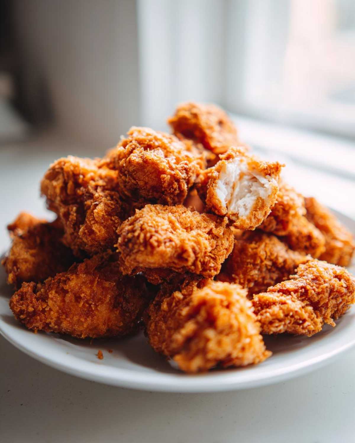 A close-up of a pile of golden brown Crispy Chicken Nuggets Homemade Extra Crunchy on a white plate, one nugget broken open.