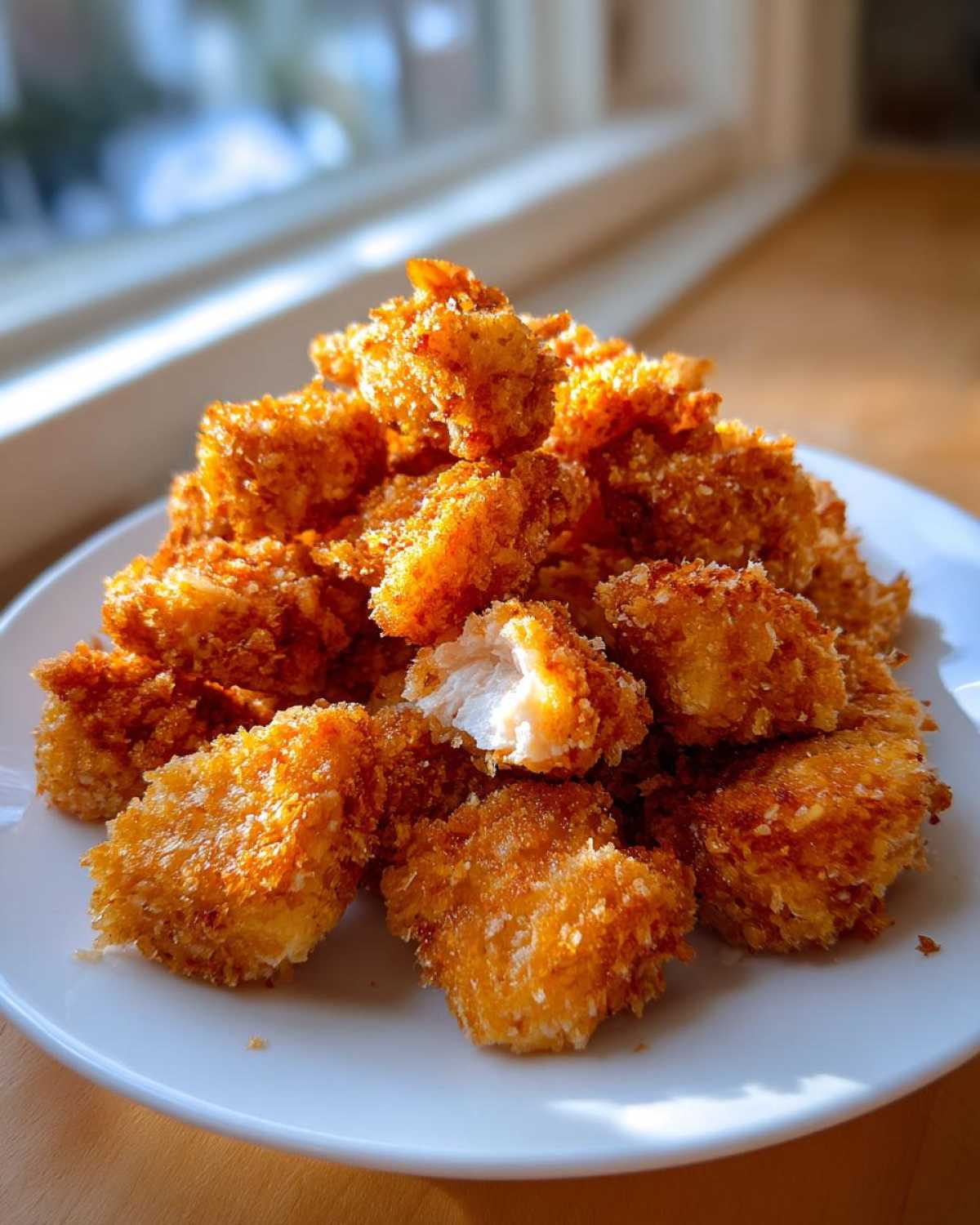 A pile of golden brown Crispy Chicken Nuggets Homemade Extra Crunchy stacked on a white plate, one nugget broken open.