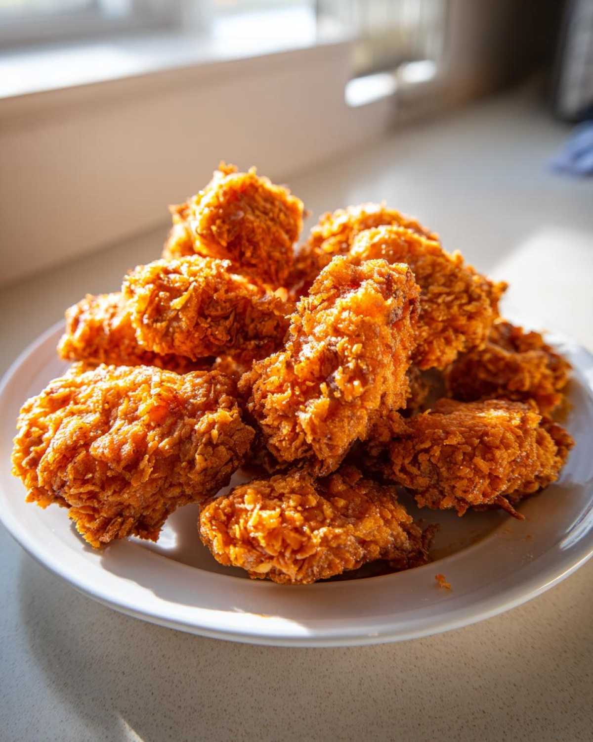A pile of golden brown Crispy Chicken Nuggets Homemade Extra Crunchy piled high on a white plate.