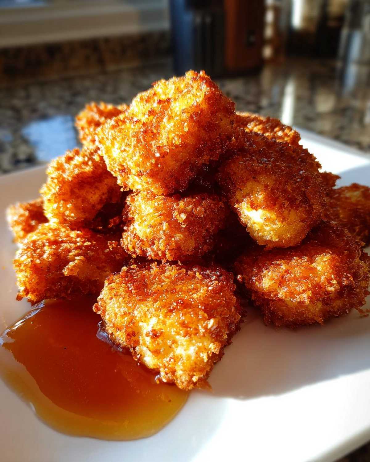 A pile of golden brown, crispy chicken nuggets served with a pool of honey dip on a white plate.