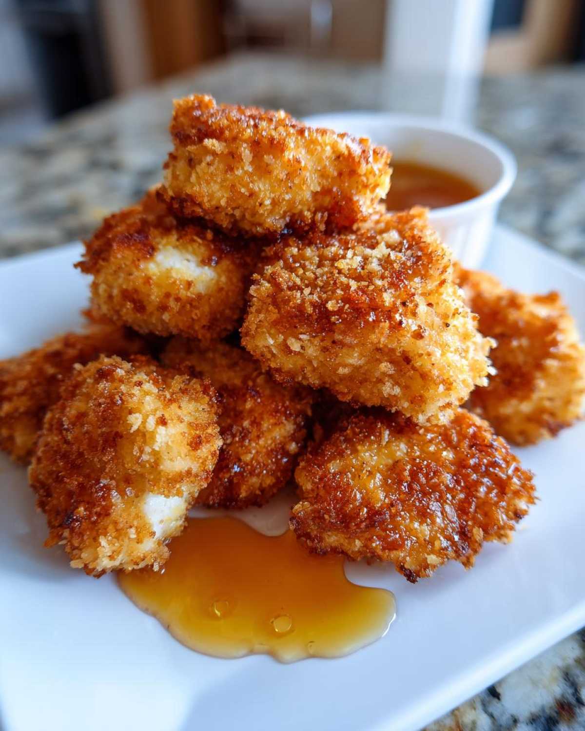 A pile of golden brown, crispy chicken nuggets served with a small bowl of honey dip.