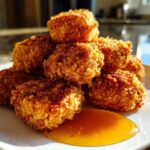 A pile of golden brown, crispy chicken nuggets served with a dollop of honey dip on a white plate.