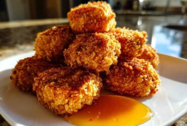 A pile of golden brown, crispy chicken nuggets served with a dollop of honey dip on a white plate.