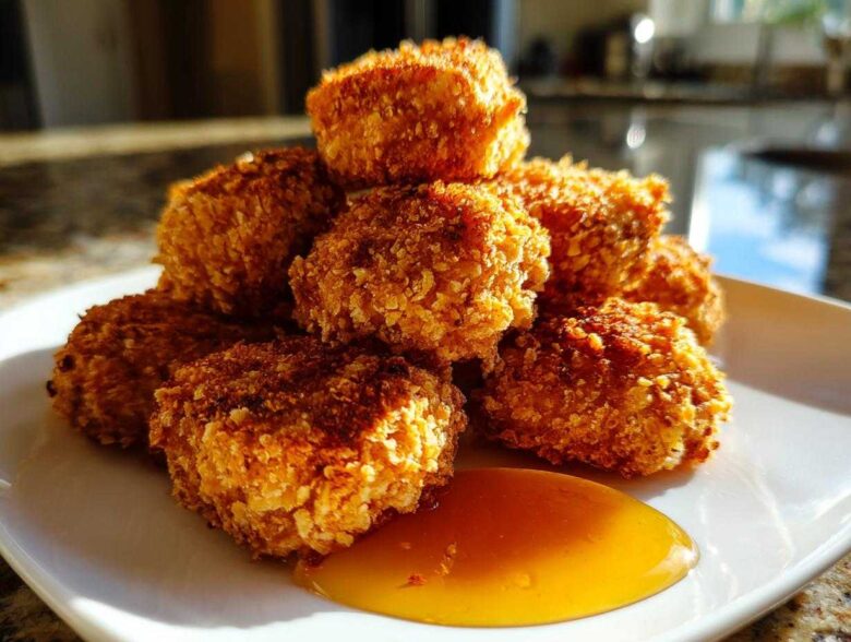 A pile of golden brown, crispy chicken nuggets served with a dollop of honey dip on a white plate.