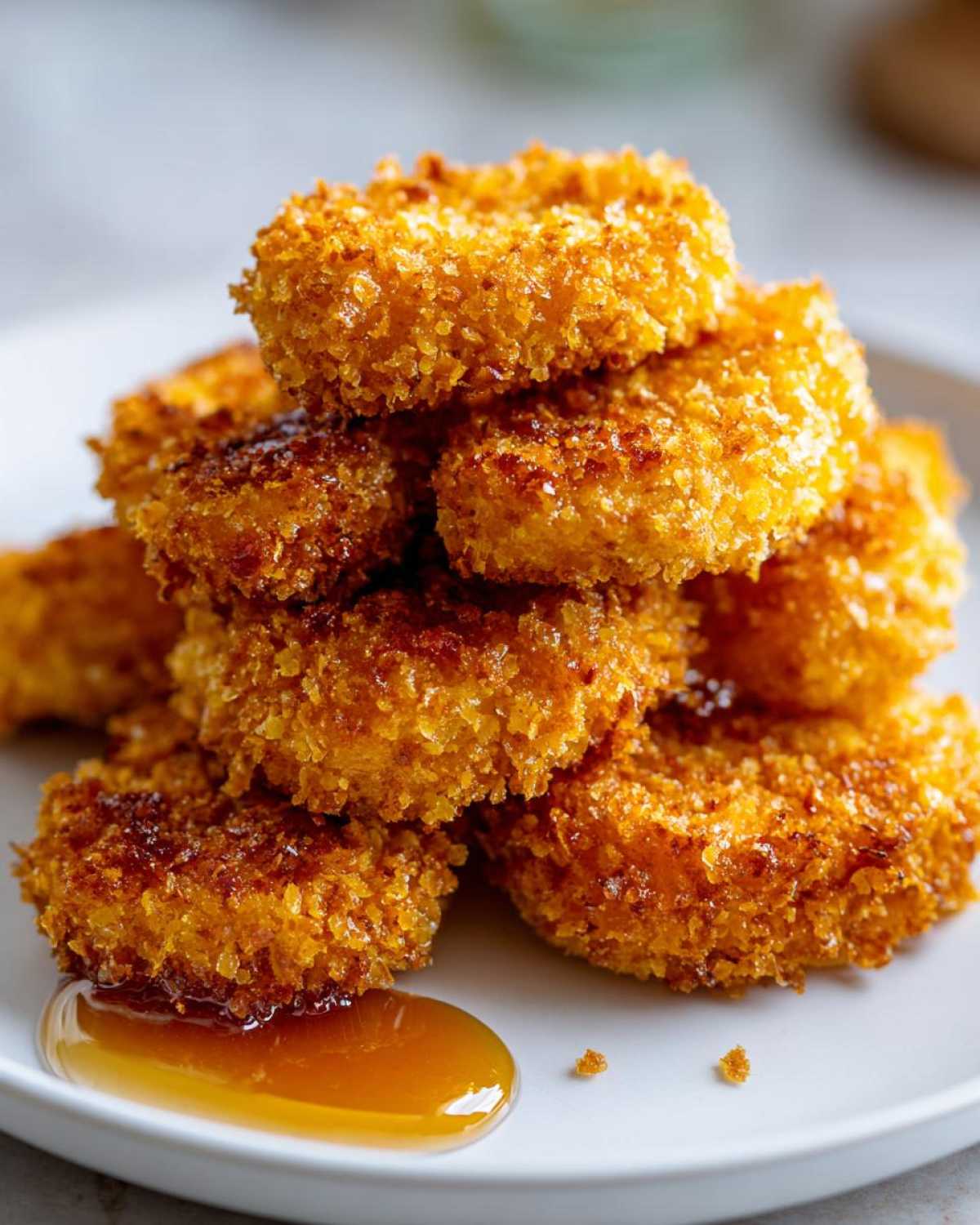 A stack of golden brown, crispy chicken nuggets resting on a white plate with a small pool of honey dip.