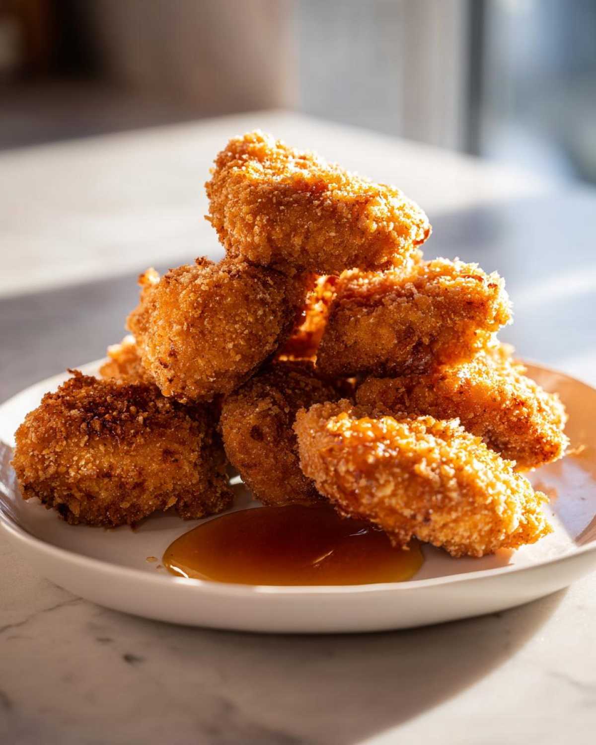 A stack of golden, crispy chicken nuggets served on a white plate with a pool of honey dip.