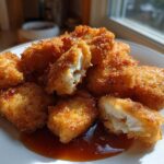 A plate of golden brown, crispy chicken nuggets, one broken open, served with a pool of honey garlic dip.