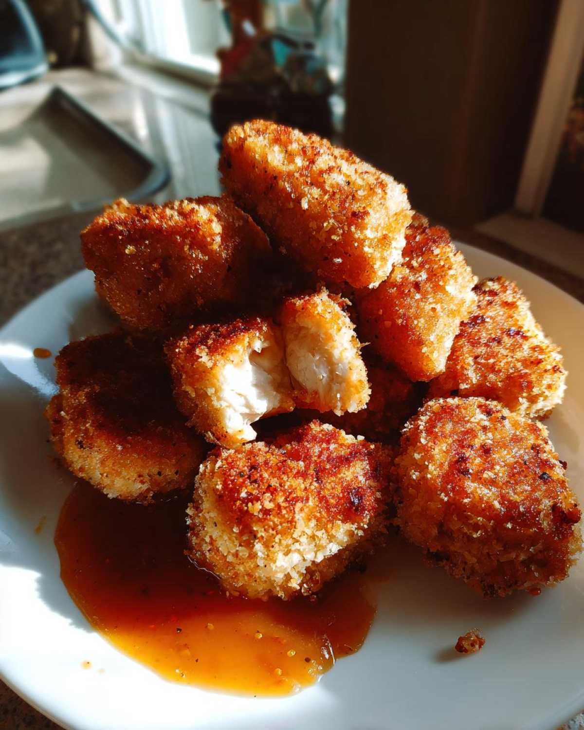A pile of golden, crispy chicken nuggets served on a white plate with a pool of honey garlic dip underneath.