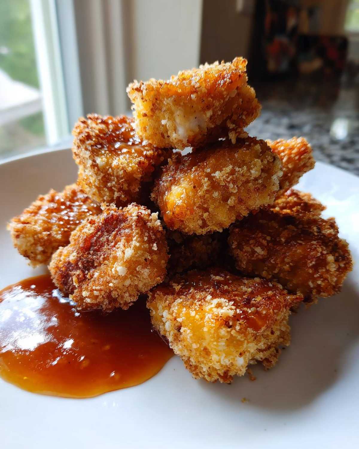A stack of golden brown, crispy chicken nuggets served with a pool of shiny honey garlic dip on a white plate.