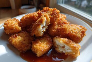A plate of golden brown, crispy chicken nuggets, one broken open, served with a pool of honey garlic dip.