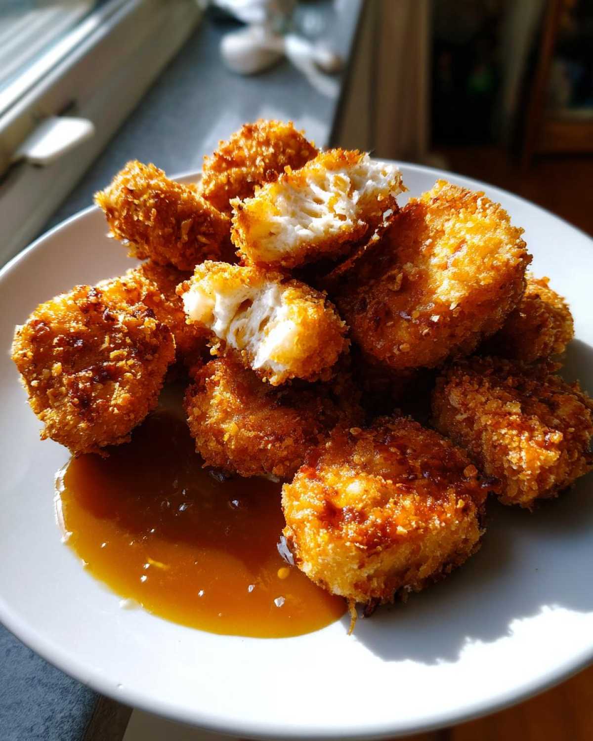 A pile of golden brown Crispy Chicken Nuggets with Honey Garlic Dip on a white plate, one nugget is broken open.