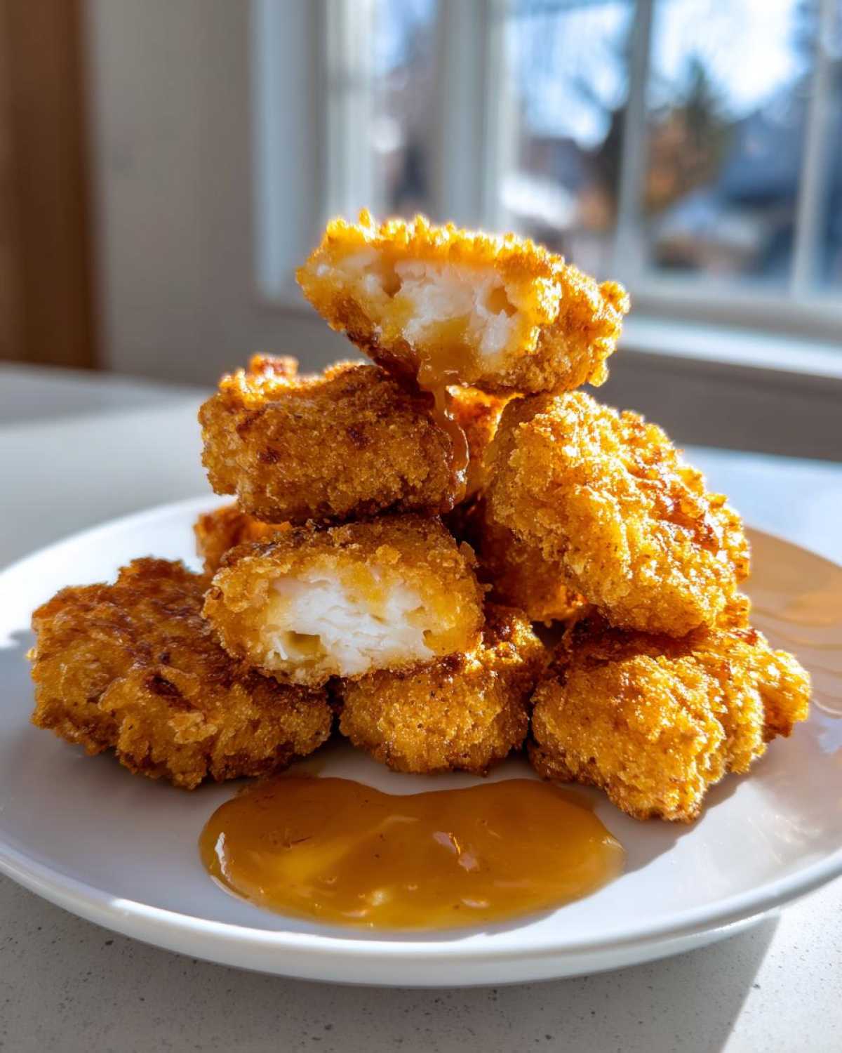 Stack of golden, crispy chicken nuggets, one cut open to show white meat, served with honey garlic dip.