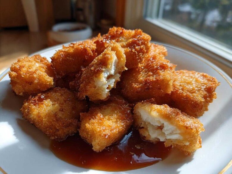 A plate of golden brown, crispy chicken nuggets, one broken open, served with a pool of honey garlic dip.